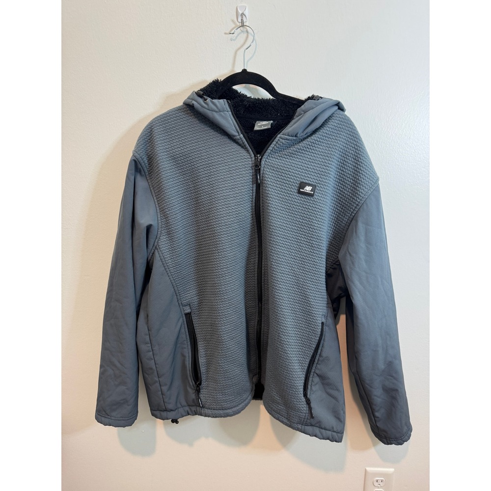 New Balance Mens Gray Sherpa Lined Waffle Knit Full Zip Hooded Jacket Large